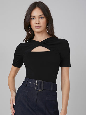 Twist Front Cut Out Keyhole Neck Tee