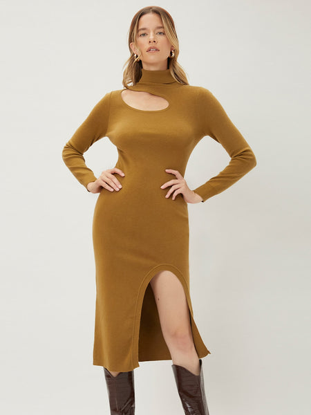 WOOL-MIX FITTED SLIT SWEATER DRESS