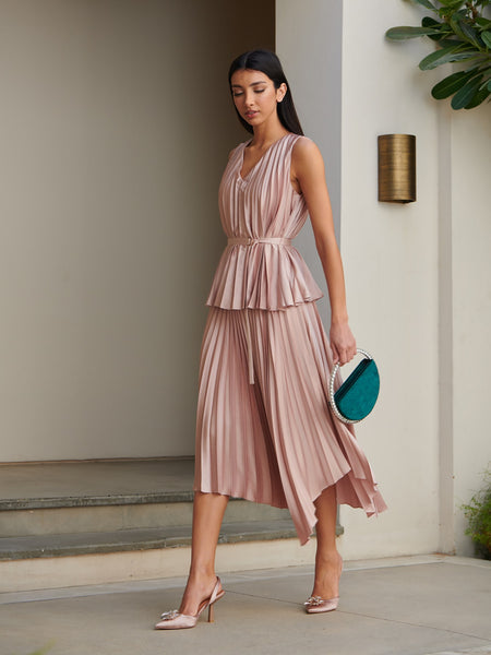 PLEATED BELTED CAMISOLE & ASYMMETRICAL SKIRT