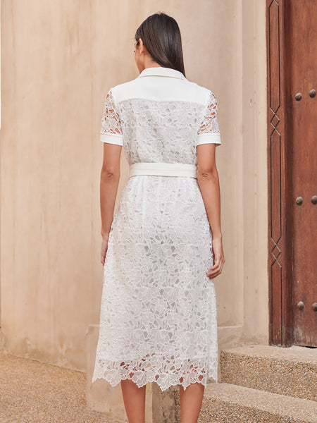 GUIPURE LACE BELTED DRESS