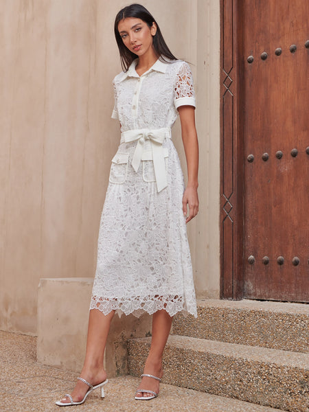 GUIPURE LACE BELTED DRESS