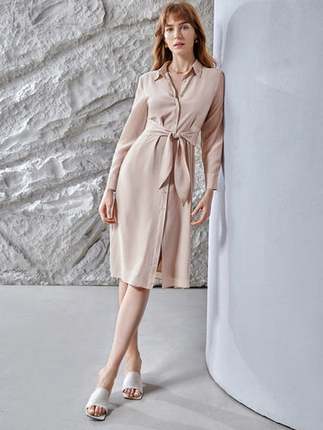 100% SILK BELTED FITTED DRESS
