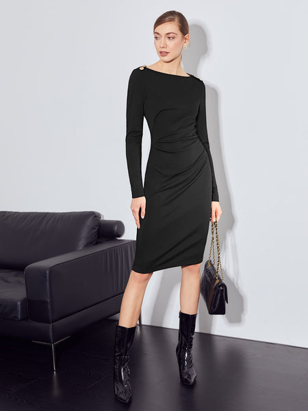 VISCOSE BOAT NECK FITTED DRESS