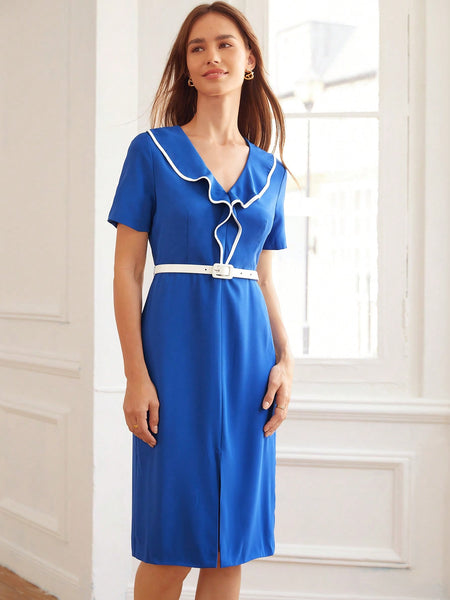 FITTED CONTRAST BINDING BELTED DRESS