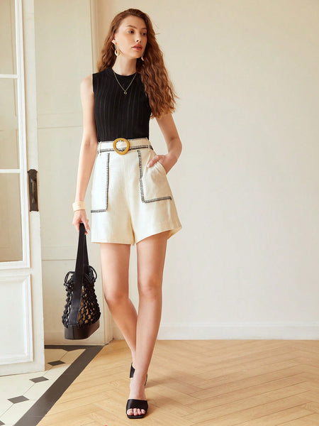 BELTED CONTRAST STITCH SHORTS