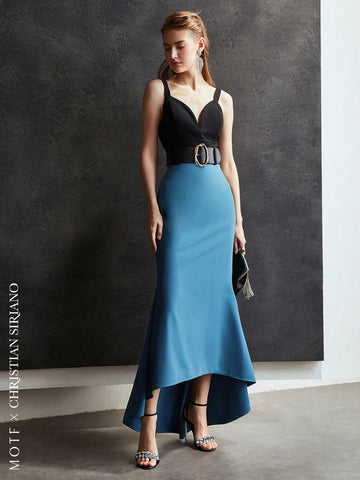 TWO-TONE HIGH-LOW DRESS WITHOUT BELT
