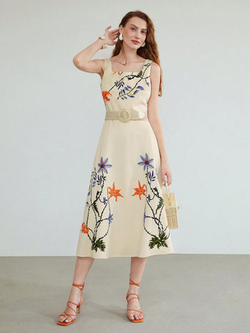 EMBROIDERED FLORAL DRESS WITHOUT BELT