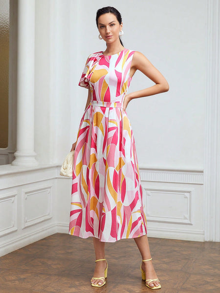 ONE SHOULDER ABSTRACT PRINT DRESS