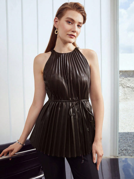 PLEATED LEATHER LOOK BELTED BLOUSE
