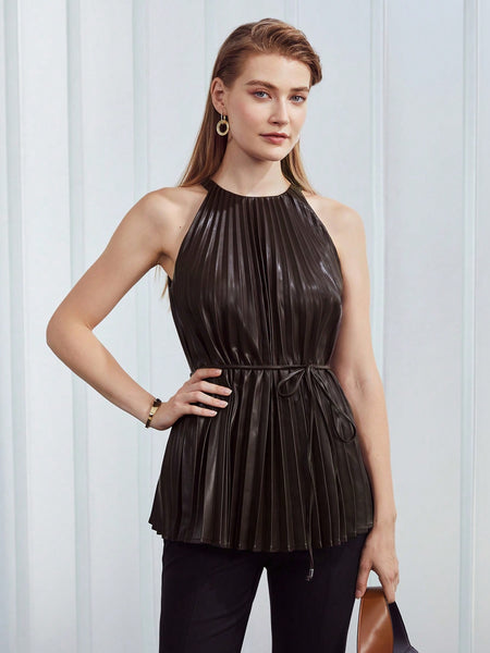 PLEATED LEATHER LOOK BELTED BLOUSE