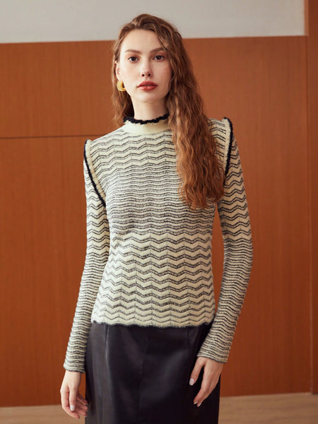 POLYESTER SLIM FIT FRILL TRIM SWEATER