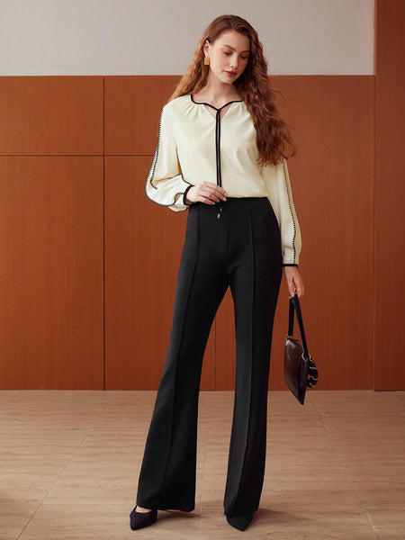 CONTRAST PIPING TIE-NECK BLOUSE