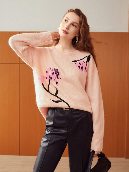 WOOL MIX LOOSE FLORAL PATTERN SWEATER