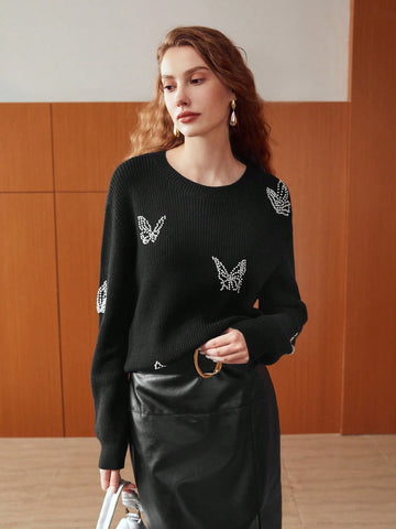 WOOL MIXED PEARLS BUTTERFLY PATTERN SWEATER