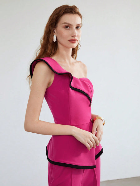 ONE SHOULDER CONTRAST RUFFLE BLOUSE