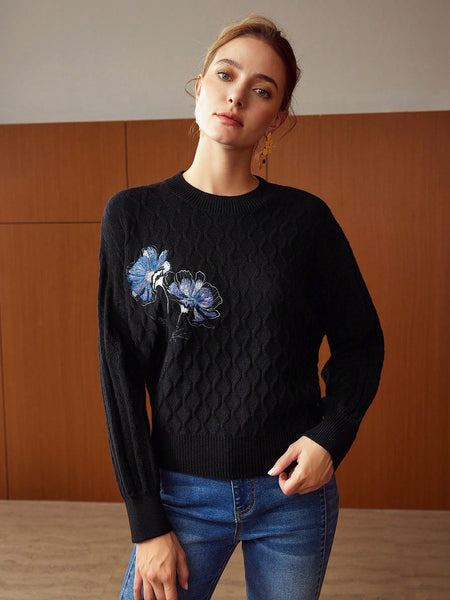 WOOL-BLEND FLOWER EMBROIDERED SWEATER