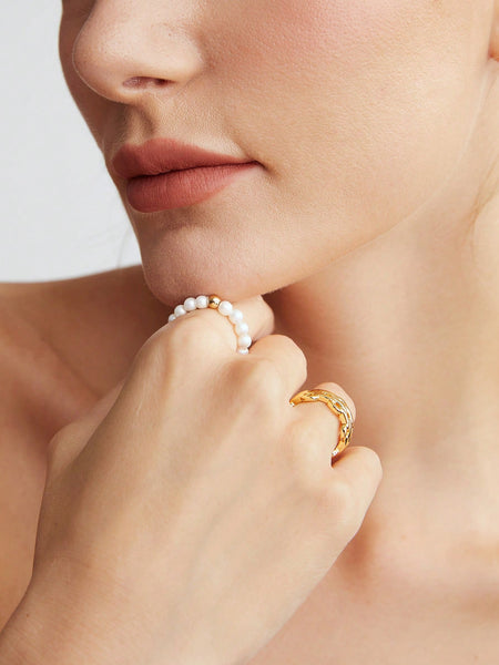 ELEGANT FASHION COPPER CULTURED PEARL BEADED BRAIDED DETAIL 18K GOLD PLATED RING FOR WOMEN FOR DAILY COMMUTE