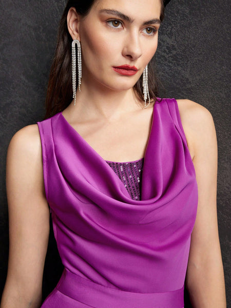 POLYESTER COWL NECK SOLID DRESS