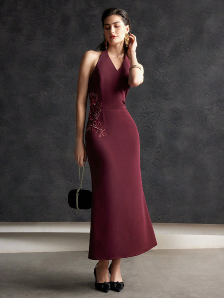 POLYESTER SEQUIN PATCHED HALTER DRESS