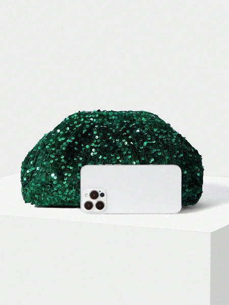 WOMEN'S CLUTCH AND HANDBAG, GREEN SEQUIN SIMPLE AND FASHIONABLE MULTI-FUNCTION