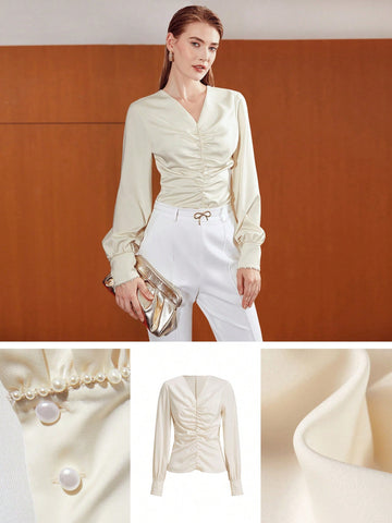 RUCHED PEARL DECOR BLOUSE