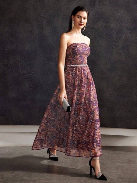 STRAPLESS SEQUIN FLORAL DRESS WITHOUT BELT
