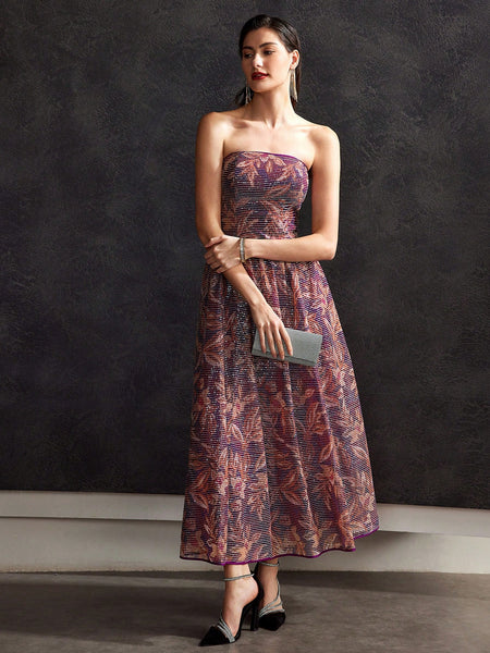 STRAPLESS SEQUIN FLORAL DRESS WITHOUT BELT