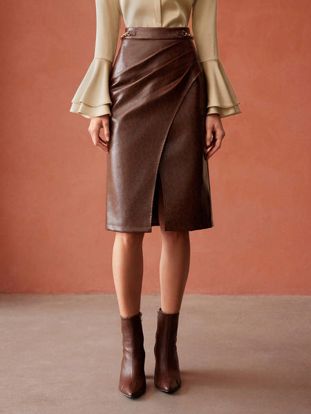 RUCHED FAUX LEATHER SKIRT