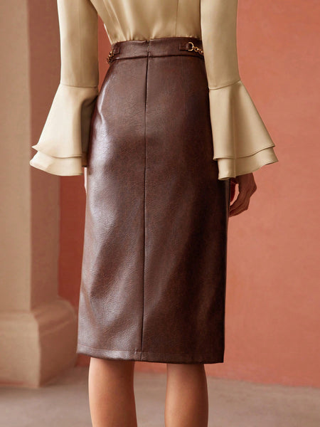 RUCHED FAUX LEATHER SKIRT