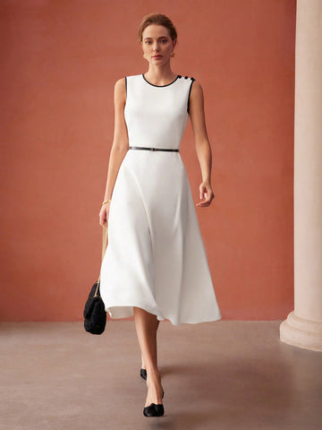 POLYESTER CONTRAST BINDING DRESS WITH BELT