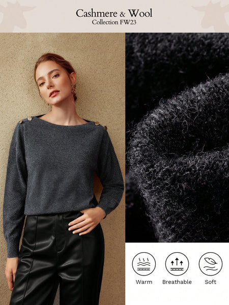 WOOL MIX BOAT NECK BUTTON DETAIL SWEATER
