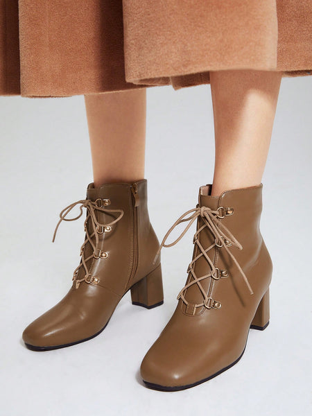 FASHIONABLE ELEGANT WOMEN'S BROWN LACE-UP SIDE ZIPPER HIGH HEEL BOOTS FOR OUTDOOR WEAR