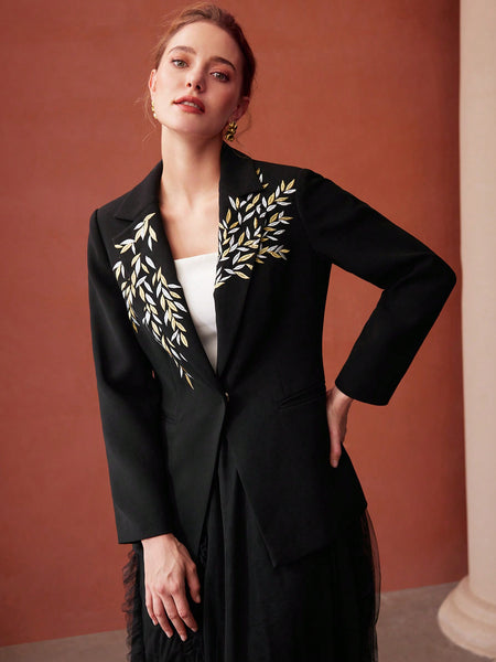 FLORAL EMBROIDERY OPEN FRONT BLAZER