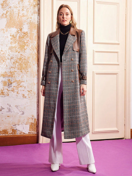 BELTED PLAID FAUX LEATHER COAT