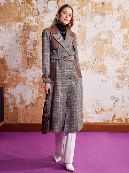 BELTED PLAID FAUX LEATHER COAT