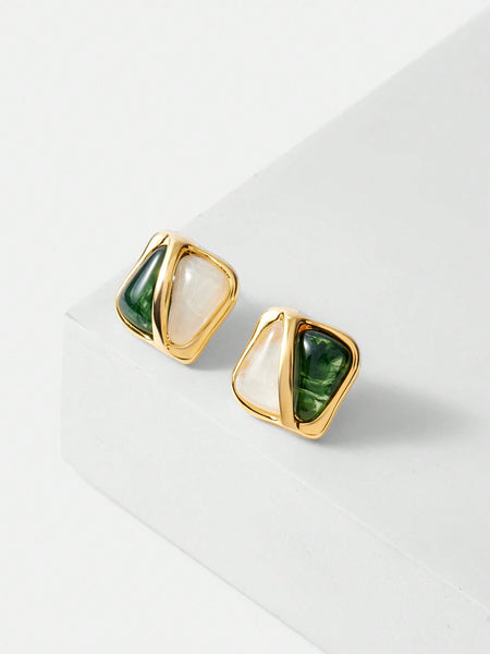 18K GOLD ELECTROPLATED TWO-COLOR RESIN STITCHED EARRINGS