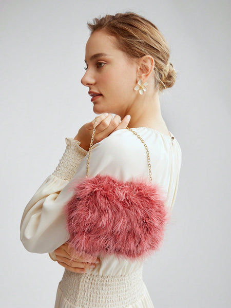WOMEN'S FEATHER PATTERN PINK CLUTCH BAG WITH FLAP AND MAGNETIC CLOSURE FOR FASHIONABLE EVENING