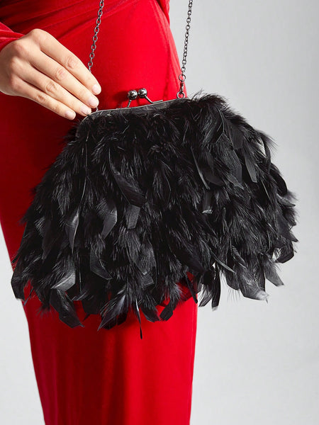 WOMEN'S FEATHER DESIGN CLUTH BAG WITH BLACK CLASP FASHIONABLE EVENING BAG/SHOULDER BAG