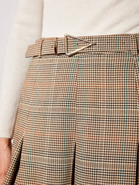 BELTED PLEATED PLAID SKIRT