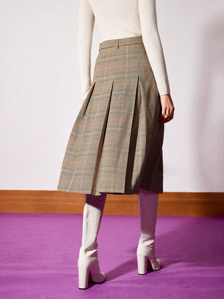 BELTED PLEATED PLAID SKIRT