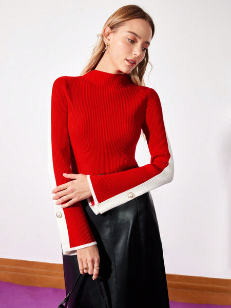 WOOL MOCK NECK CONTRAST SIDE SEAM RIBBED KNIT SWEATER