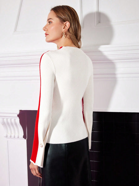 WOOL MOCK NECK CONTRAST SIDE SEAM RIBBED KNIT SWEATER