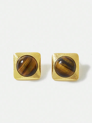 GOLD-PLATED TIGER EYE STONE SQUARE STUD EARRINGS