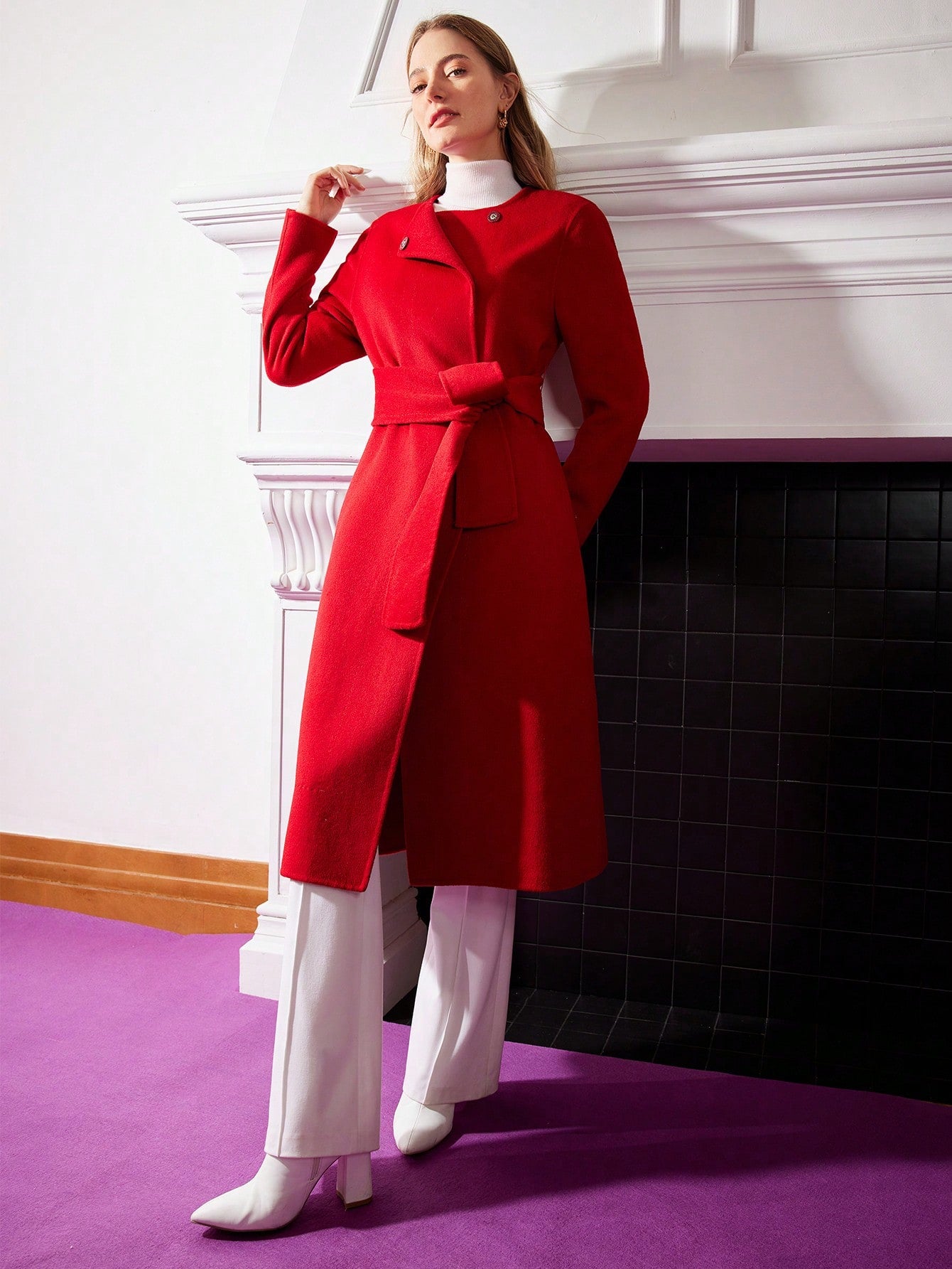SOLID BELTED WOOL OVERCOAT