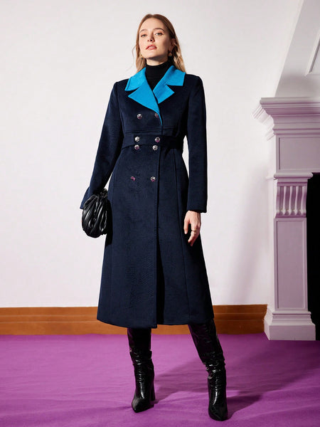CONTRAST COLLAR DOUBLE BREASTED BELTED WOOL OVERCOAT