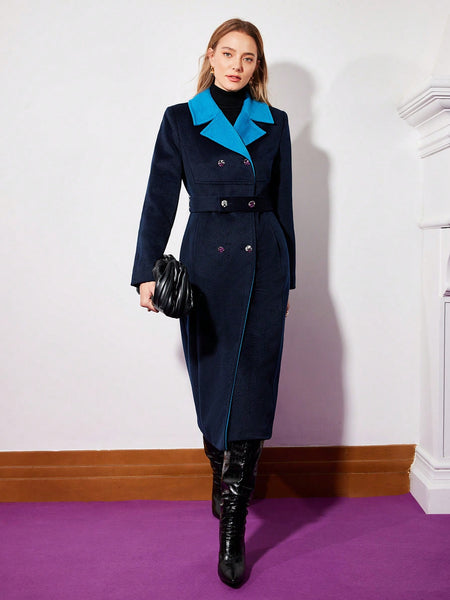 CONTRAST COLLAR DOUBLE BREASTED BELTED WOOL OVERCOAT