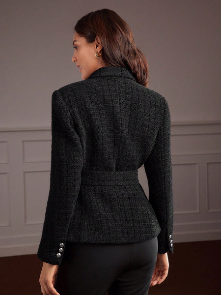 DOUBLE BREASTED BELTED TWEED WOOL BLAZER