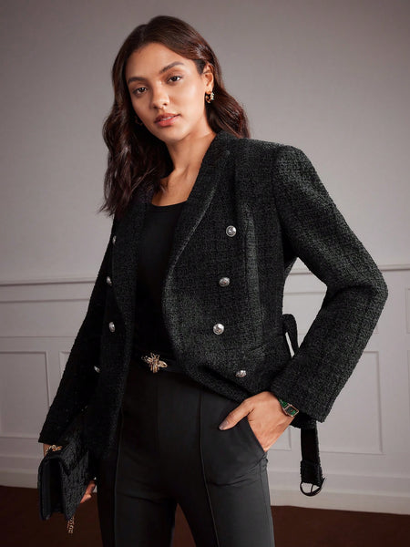 DOUBLE BREASTED BELTED TWEED WOOL BLAZER