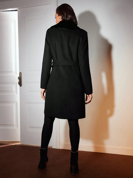 BORG COLLAR BELTED WOOL OVERCOAT