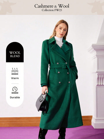 WOOL LAPEL NECK DOUBLE BREASTED BELTED OVERCOAT